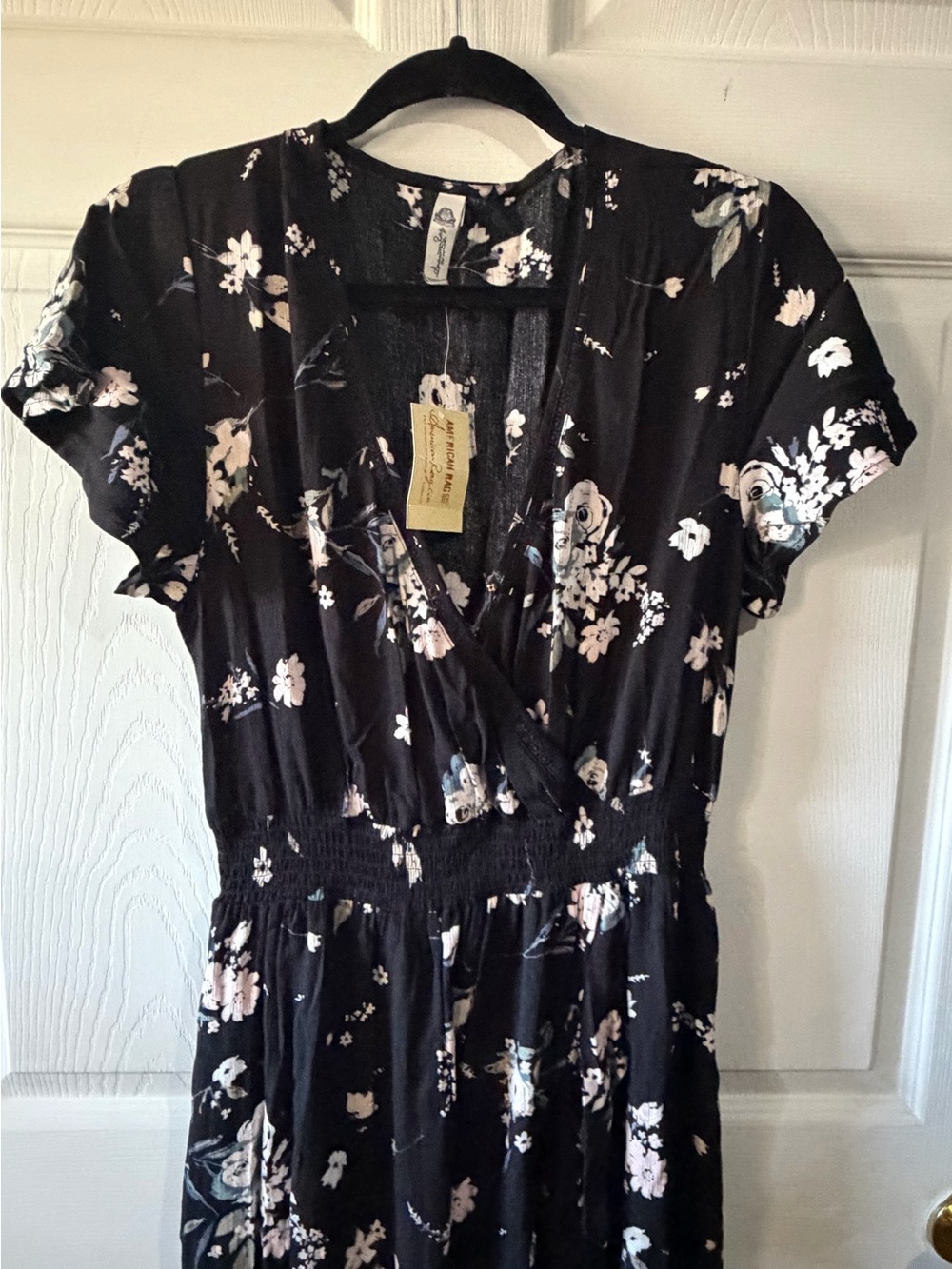 American Rag Black Floral Wrap-Style Midi Dress with Pink and Cream Flowers